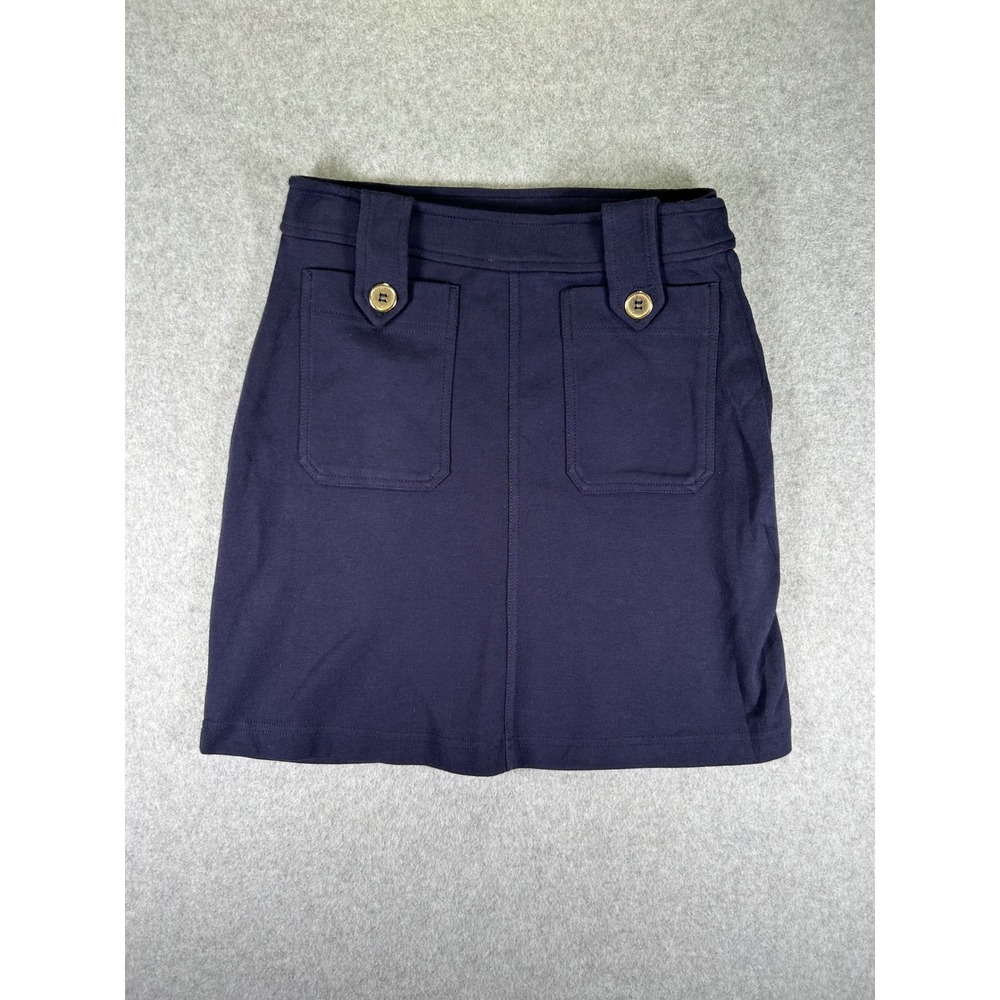 HM Navy Blue Mini Skirt Front Pockets Gold Buttons Size S Cotton Blend Stretch